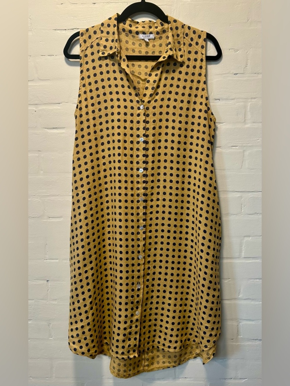 Rosemarine Linen Polka Dot Sleeveless Lagenlook Tunic Dress Mustard Gray Size S